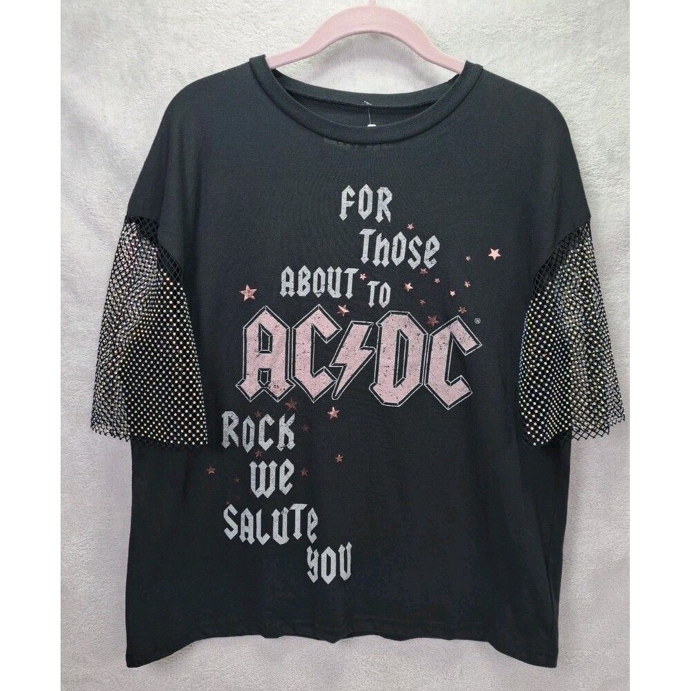 AC/DC Bling Mesh Sleeve Womens Blk TSHIRT OVERSIZED Sz S Boxy Logo Band Concert